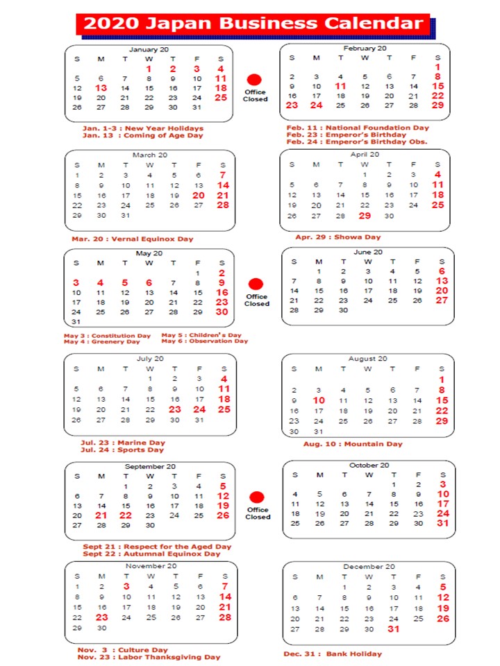 PNB Tokyo/Nagoya Business Calendar
